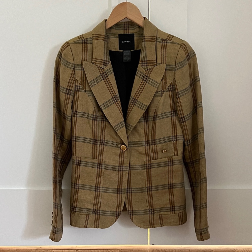 Final Price- No Offers! Smythe Duchess Tan Plaid Women's Linen Blazer